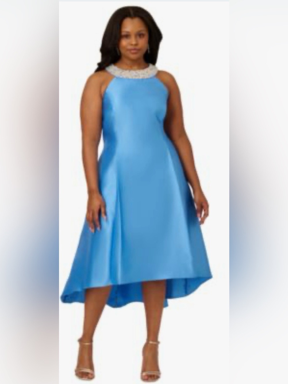 ADRIANNA PAPELL Beaded Neck Mikado High-Low Midi Party Dress Cloud Blue